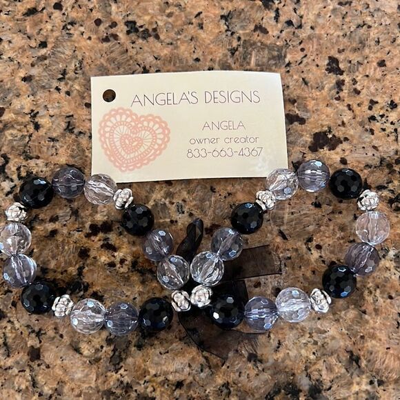 NWT Angela’s Designs black grey clear silver bead double bracelet organza bow - Picture 3 of 4